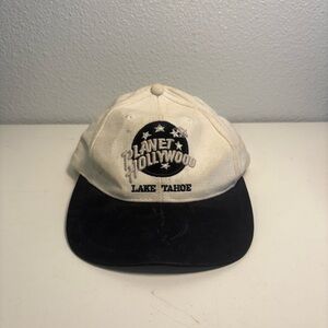 Vintage 90s Planet Hollywood Lake Tahoe White Black Strapback Hat Retro Logo ‘95